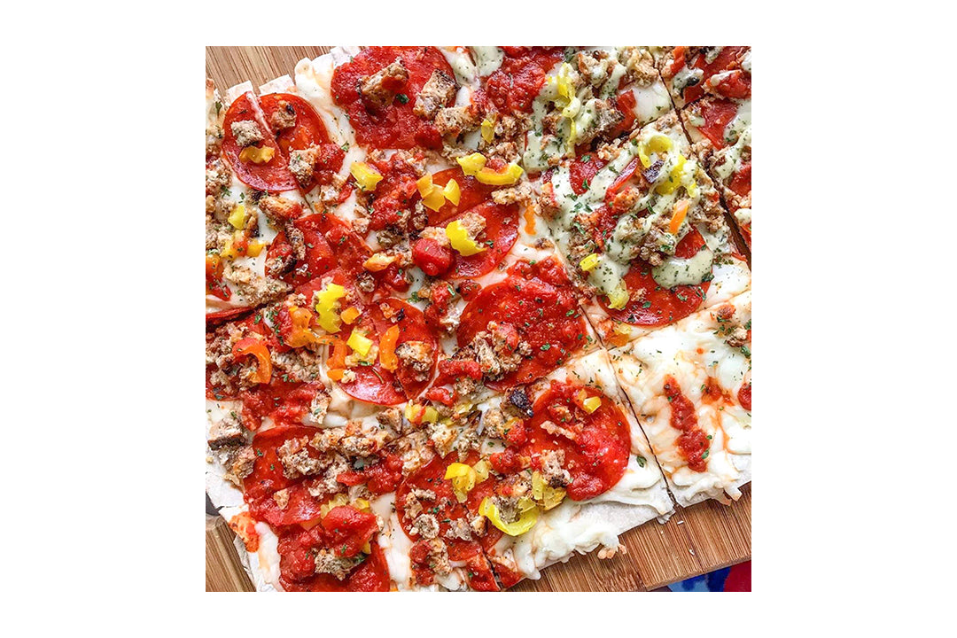Keto Pesto Pizza with Terrapin Ridge Farms Pesto Aioli Squeeze Keto Pesto Pizza with Terrapin Ridge Farms Pesto Aioli Squeeze
